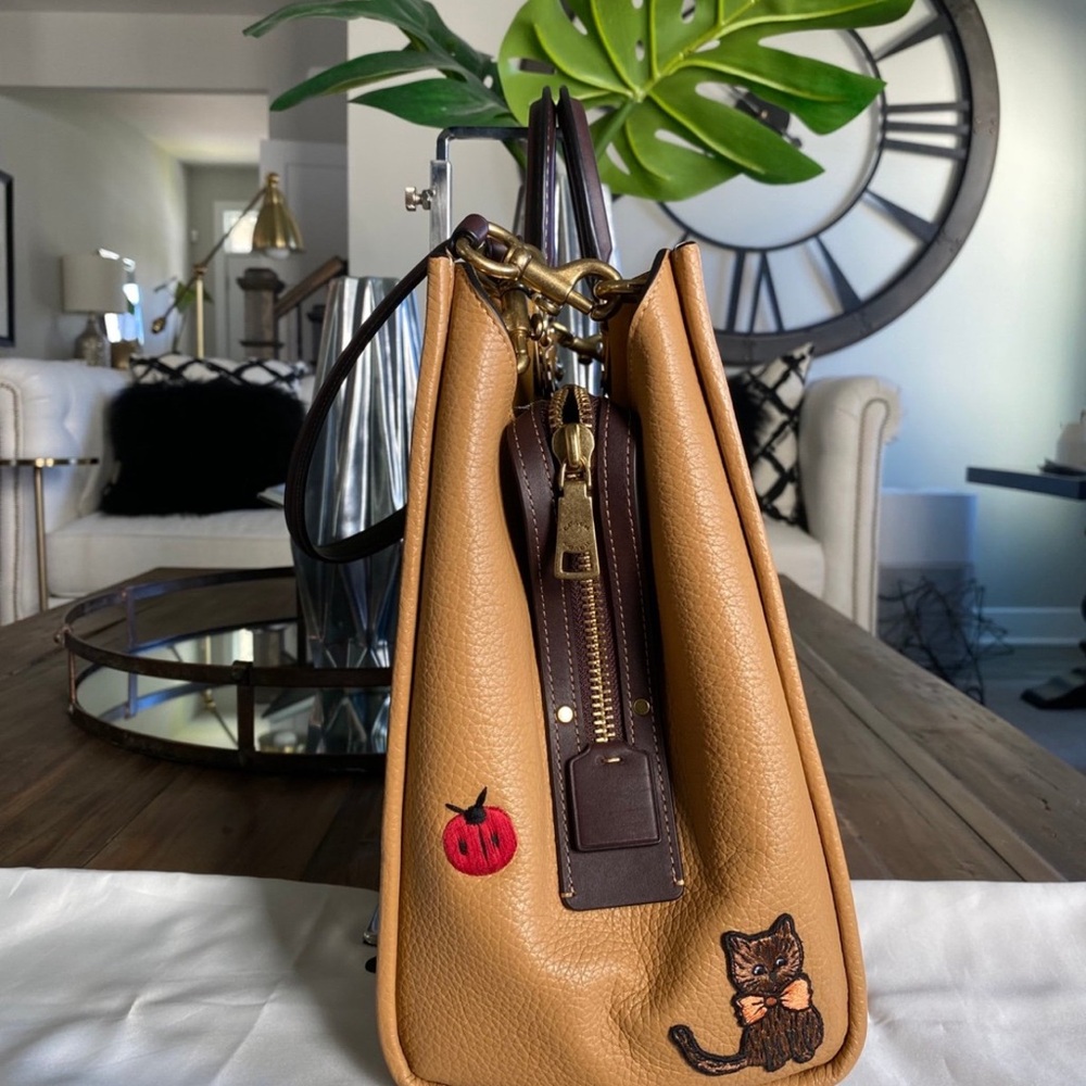 Coach Rouge 39 Tan Tote with Animal Creature Patches: Owl Turtle Cat Mushroom - Picture 14 of 14